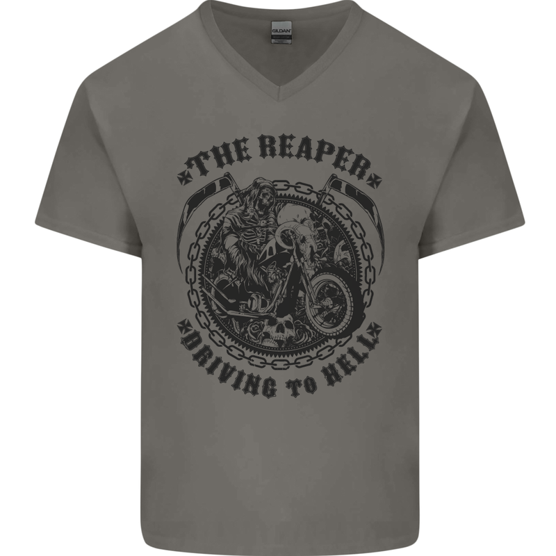 Grim Reaper Motorbike Motorcycle Biker Mens V-Neck Cotton T-Shirt Charcoal