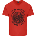 Grim Reaper Motorbike Motorcycle Biker Mens V-Neck Cotton T-Shirt Red