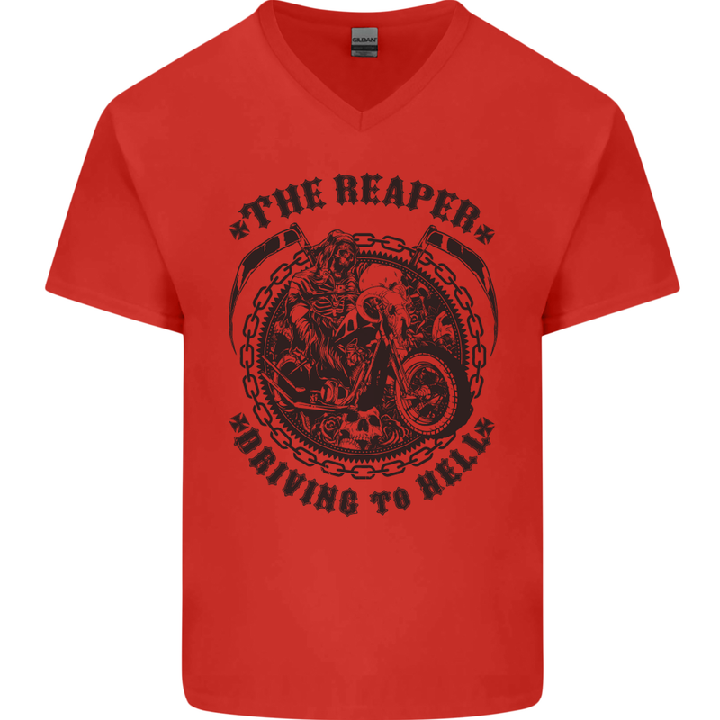 Grim Reaper Motorbike Motorcycle Biker Mens V-Neck Cotton T-Shirt Red