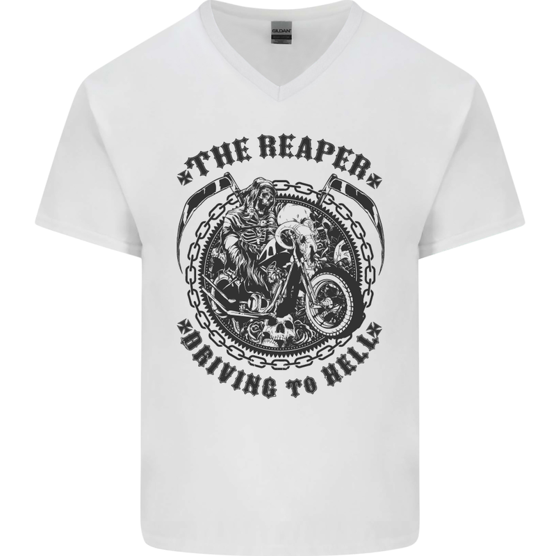 Grim Reaper Motorbike Motorcycle Biker Mens V-Neck Cotton T-Shirt White