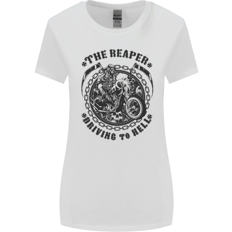 Grim Reaper Motorbike Motorcycle Biker Womens Wider Cut T-Shirt White