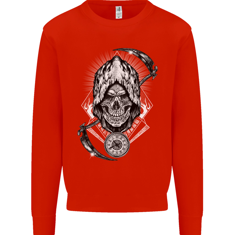 Grim Reaper Time Biker Skull Rock Music Kids Sweatshirt Jumper Bright Red