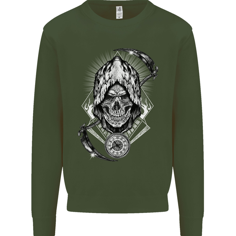 Grim Reaper Time Biker Skull Rock Music Kids Sweatshirt Jumper Forest Green