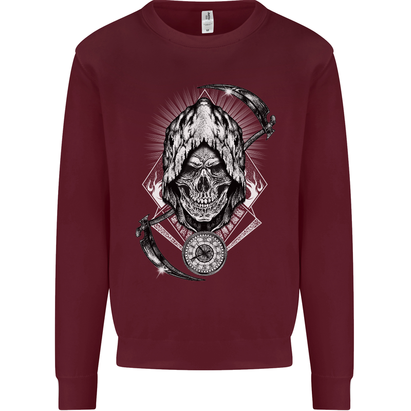 Grim Reaper Time Biker Skull Rock Music Kids Sweatshirt Jumper Maroon