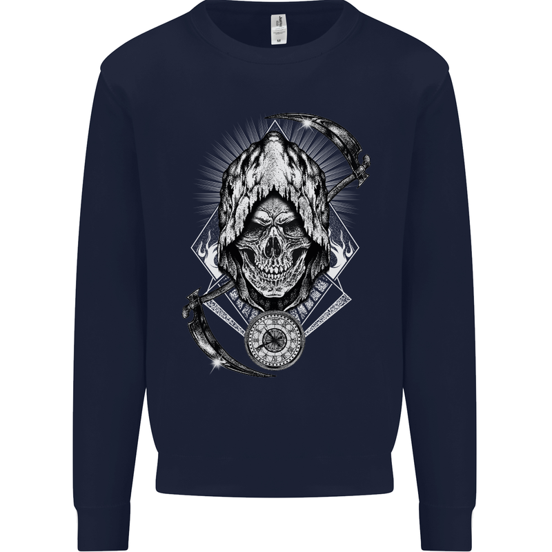 Grim Reaper Time Biker Skull Rock Music Kids Sweatshirt Jumper Navy Blue