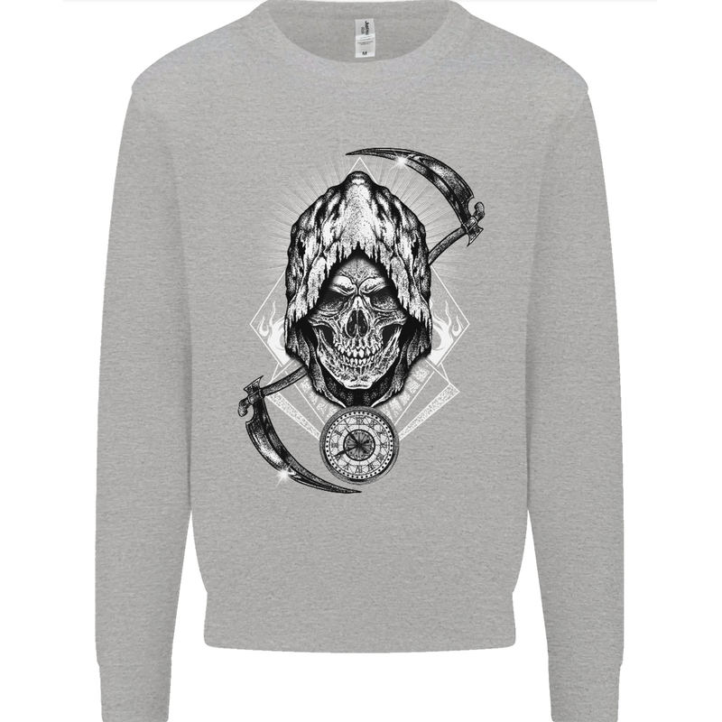 Grim Reaper Time Biker Skull Rock Music Kids Sweatshirt Jumper Sports Grey