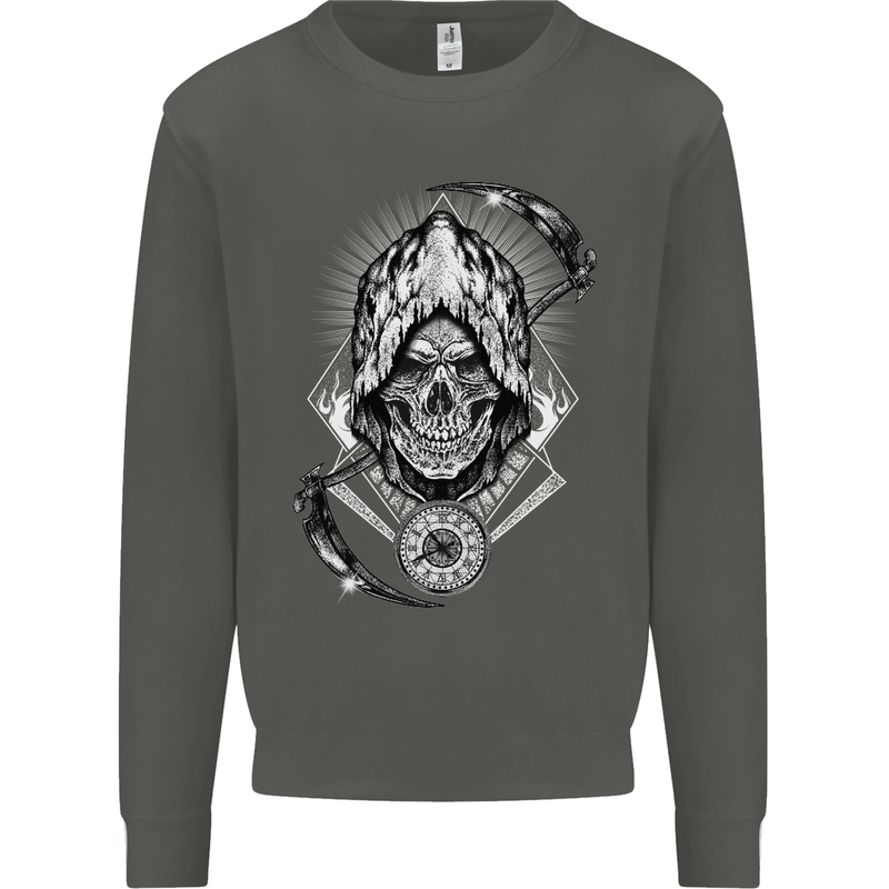 Grim Reaper Time Biker Skull Rock Music Kids Sweatshirt Jumper Storm Grey
