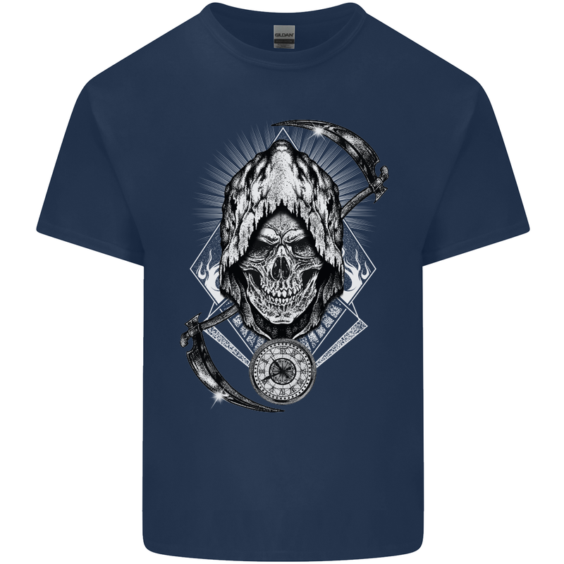 Grim Reaper Time Biker Skull Rock Music Mens Cotton T-Shirt Tee Top Navy Blue