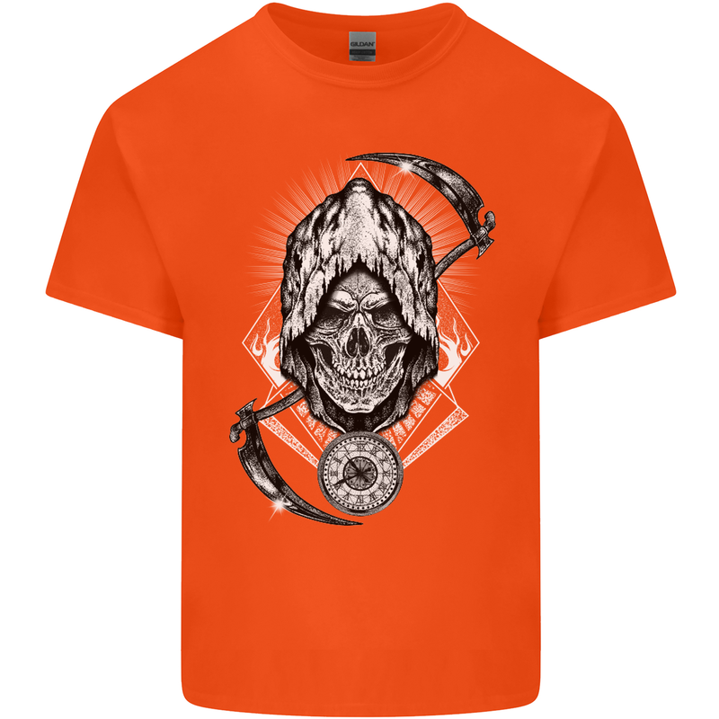 Grim Reaper Time Biker Skull Rock Music Mens Cotton T-Shirt Tee Top Orange