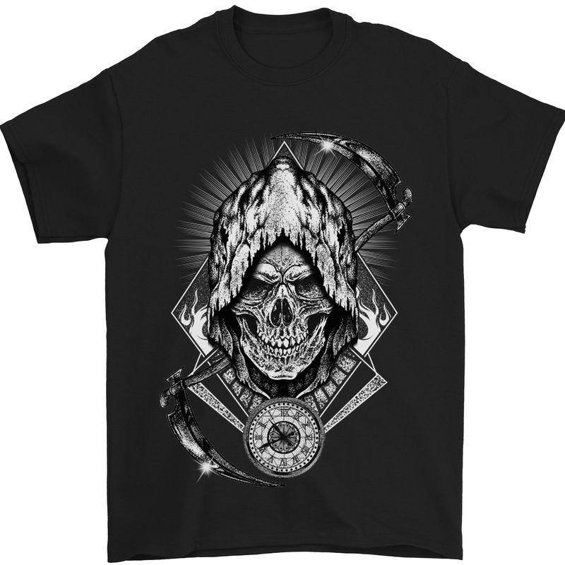 Grim Reaper Time Biker Skull Rock Music Mens T-Shirt Cotton Gildan Black