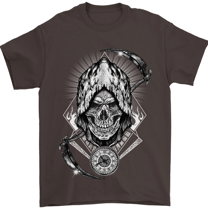 Grim Reaper Time Biker Skull Rock Music Mens T-Shirt Cotton Gildan Dark Chocolate