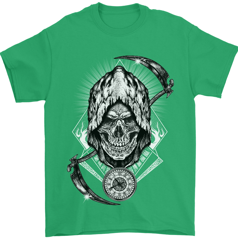 Grim Reaper Time Biker Skull Rock Music Mens T-Shirt Cotton Gildan Irish Green