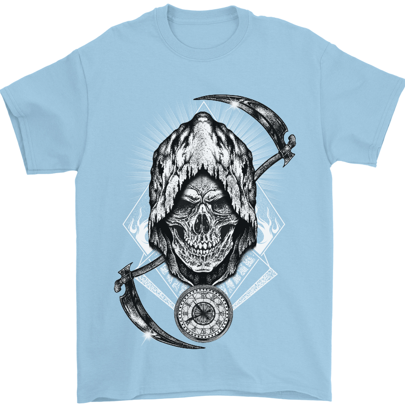 Grim Reaper Time Biker Skull Rock Music Mens T-Shirt Cotton Gildan Light Blue