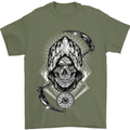 Grim Reaper Time Biker Skull Rock Music Mens T-Shirt Cotton Gildan Military Green