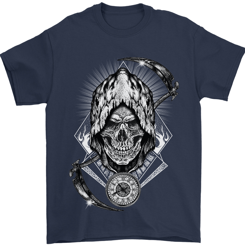 Grim Reaper Time Biker Skull Rock Music Mens T-Shirt Cotton Gildan Navy Blue