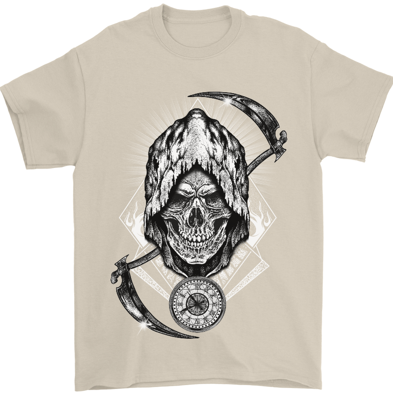 Grim Reaper Time Biker Skull Rock Music Mens T-Shirt Cotton Gildan Sand