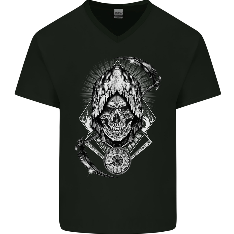 Grim Reaper Time Biker Skull Rock Music Mens V-Neck Cotton T-Shirt Black