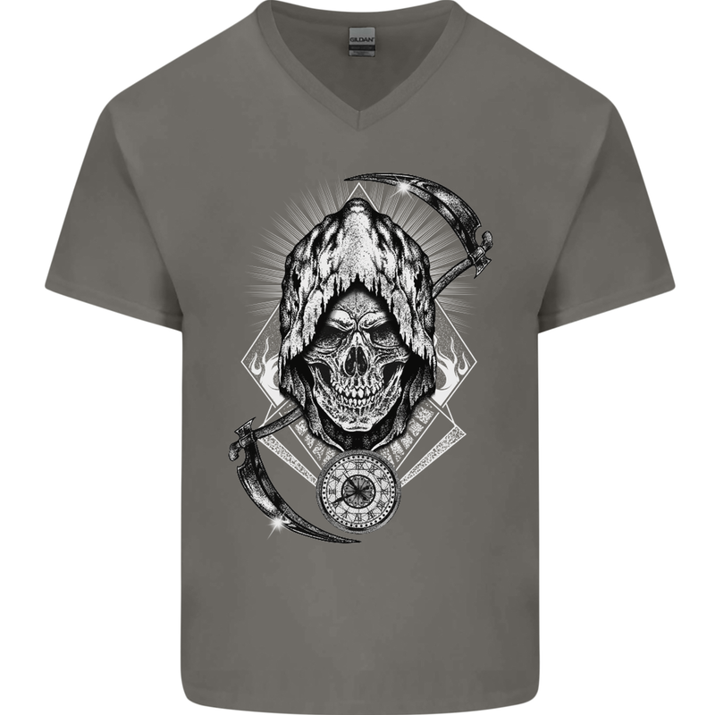Grim Reaper Time Biker Skull Rock Music Mens V-Neck Cotton T-Shirt Charcoal