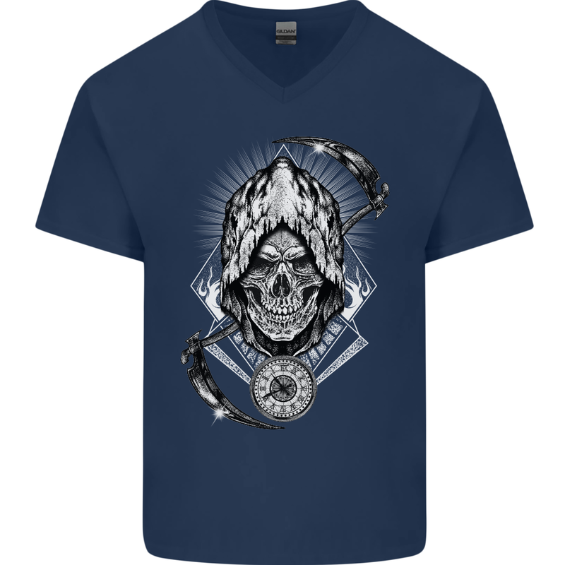 Grim Reaper Time Biker Skull Rock Music Mens V-Neck Cotton T-Shirt Navy Blue