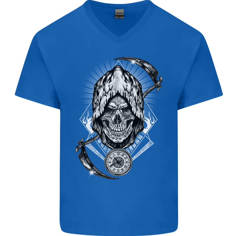 Grim Reaper Time Biker Skull Rock Music Mens V-Neck Cotton T-Shirt Royal Blue