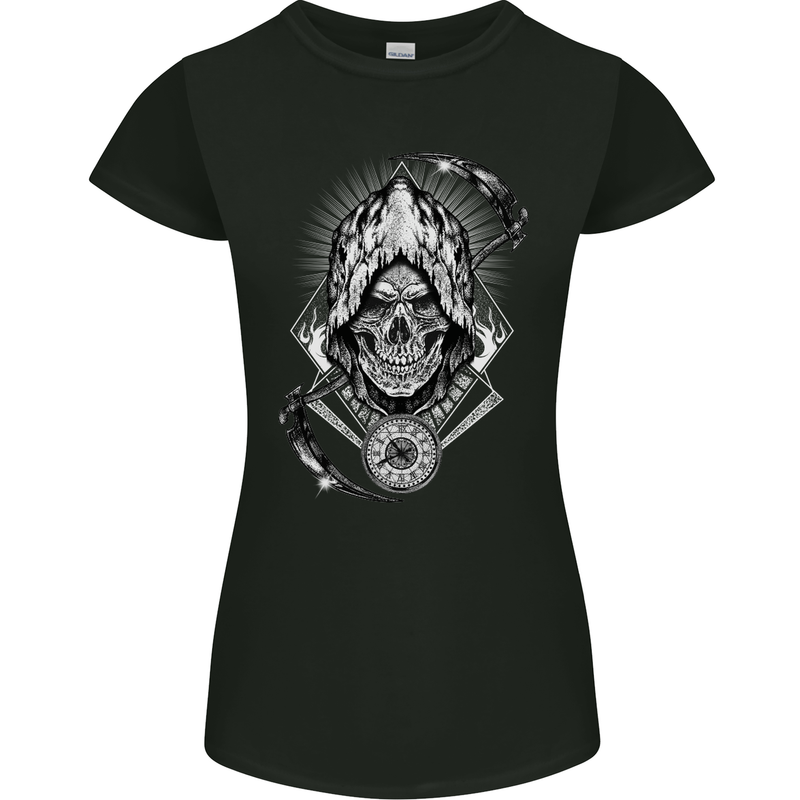 Grim Reaper Time Biker Skull Rock Music Womens Petite Cut T-Shirt Black