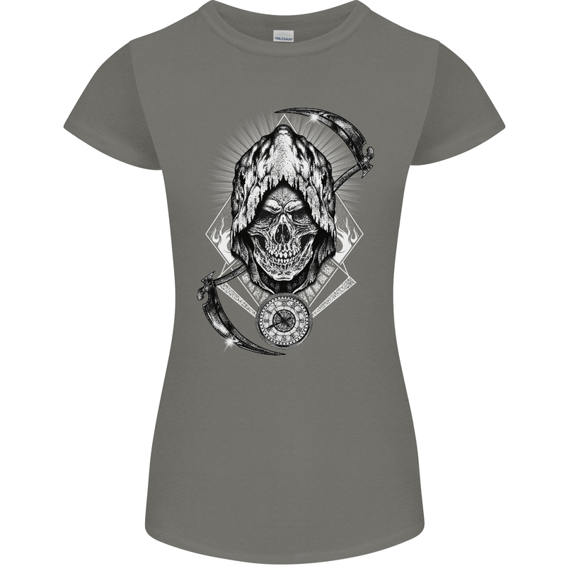 Grim Reaper Time Biker Skull Rock Music Womens Petite Cut T-Shirt Charcoal