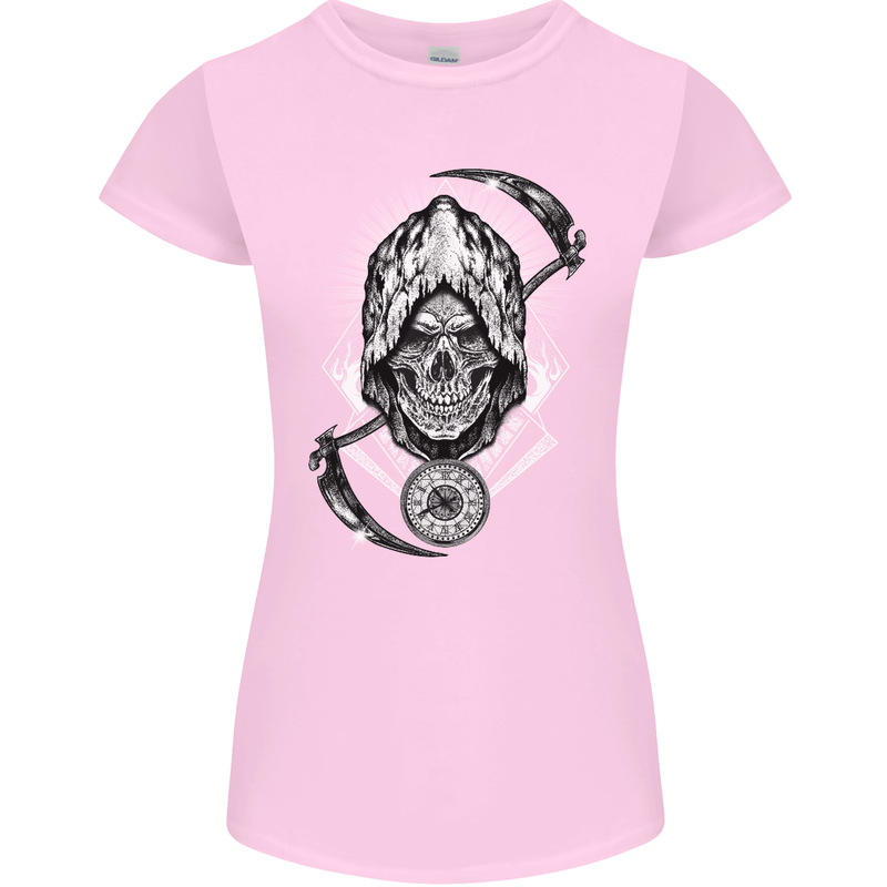 Grim Reaper Time Biker Skull Rock Music Womens Petite Cut T-Shirt Light Pink