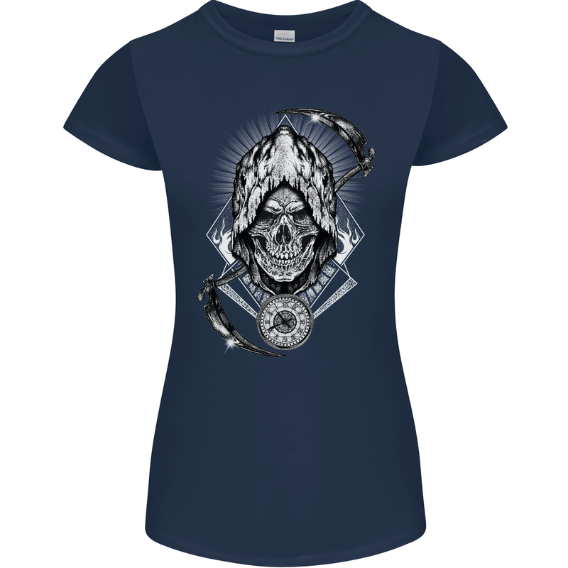 Grim Reaper Time Biker Skull Rock Music Womens Petite Cut T-Shirt Navy Blue