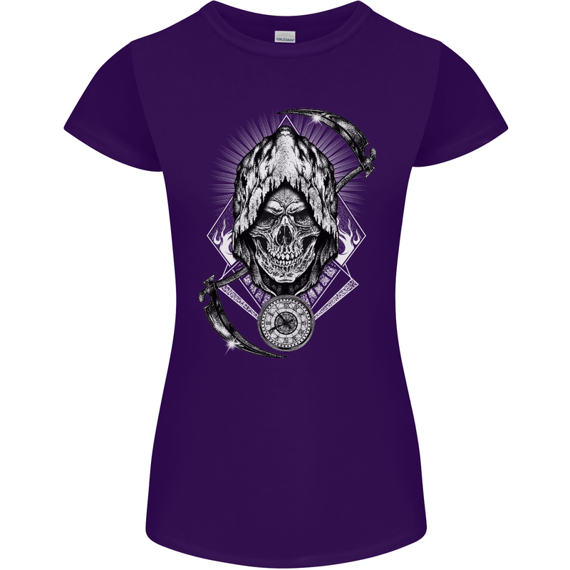 Grim Reaper Time Biker Skull Rock Music Womens Petite Cut T-Shirt Purple