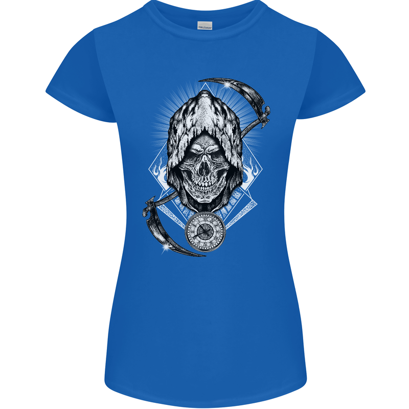 Grim Reaper Time Biker Skull Rock Music Womens Petite Cut T-Shirt Royal Blue