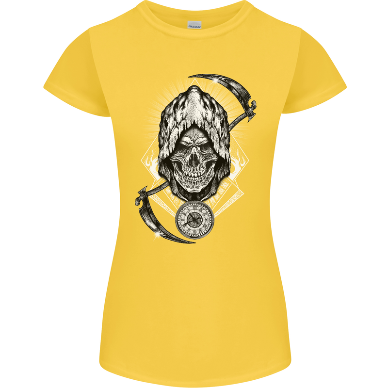 Grim Reaper Time Biker Skull Rock Music Womens Petite Cut T-Shirt Yellow