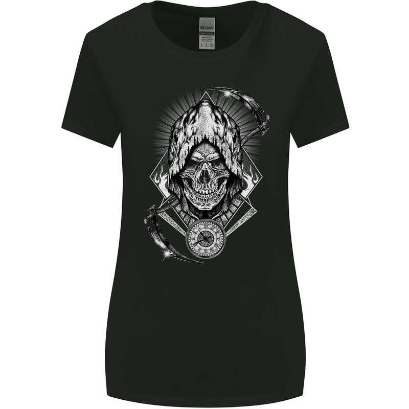 Grim Reaper Time Biker Skull Rock Music Womens Wider Cut T-Shirt Black