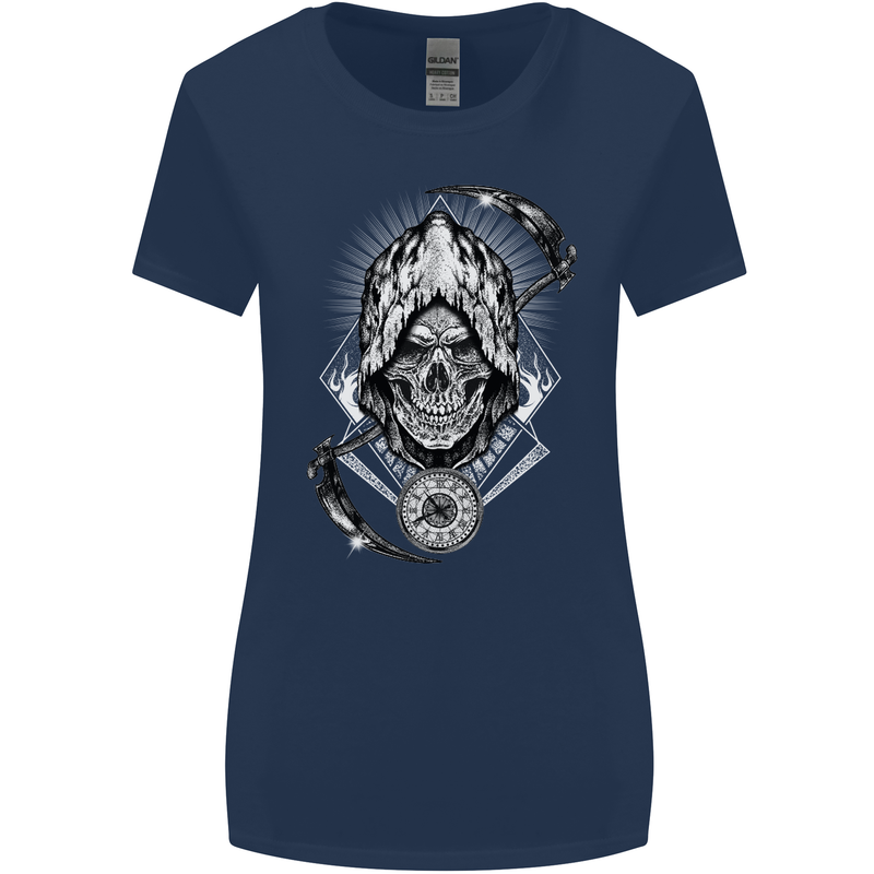 Grim Reaper Time Biker Skull Rock Music Womens Wider Cut T-Shirt Navy Blue