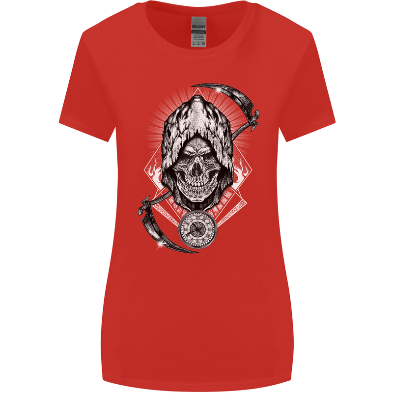 Grim Reaper Time Biker Skull Rock Music Womens Wider Cut T-Shirt Red
