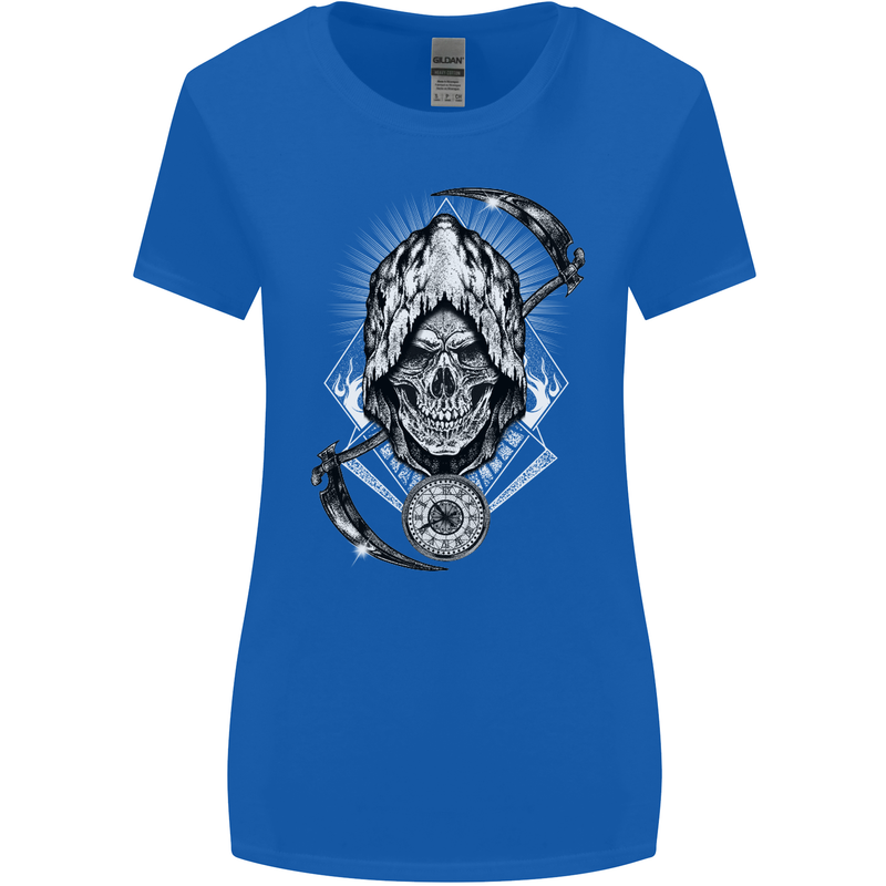 Grim Reaper Time Biker Skull Rock Music Womens Wider Cut T-Shirt Royal Blue