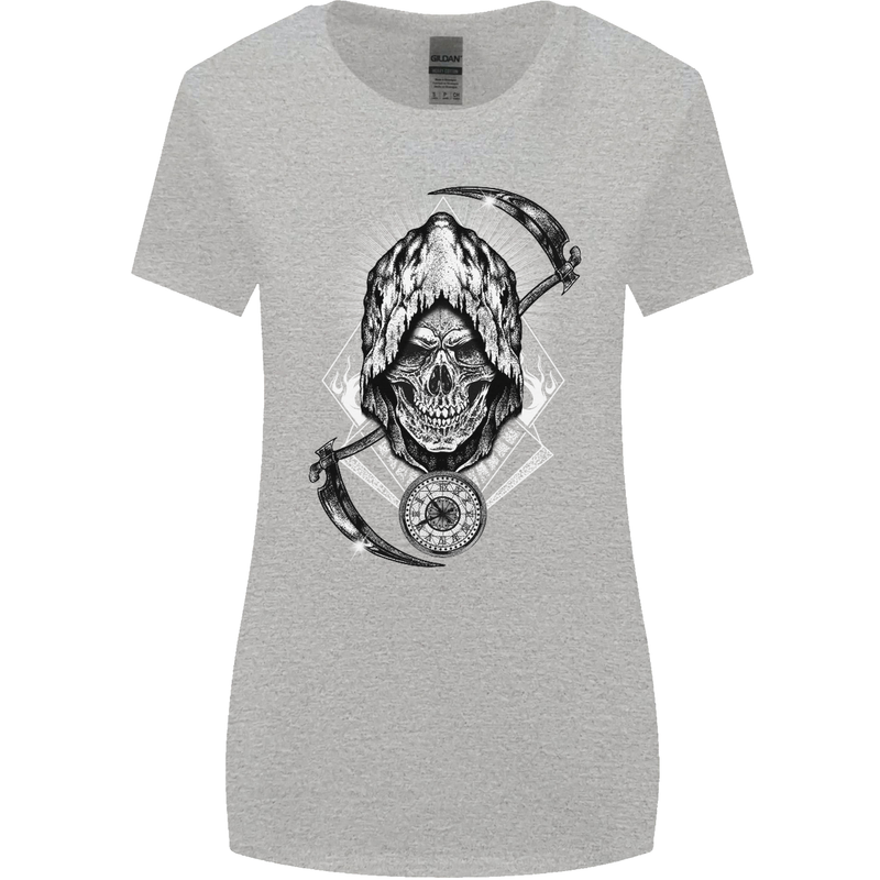 Grim Reaper Time Biker Skull Rock Music Womens Wider Cut T-Shirt Sports Grey