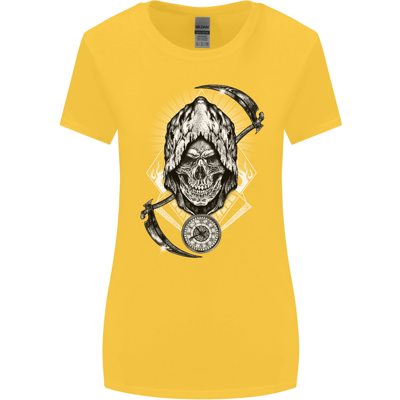 Grim Reaper Time Biker Skull Rock Music Womens Wider Cut T-Shirt Yellow