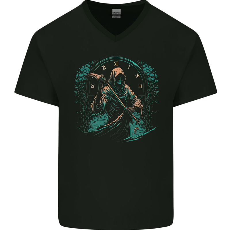 Grim Reaper Time Skull Death Gothic Mens V-Neck Cotton T-Shirt Black