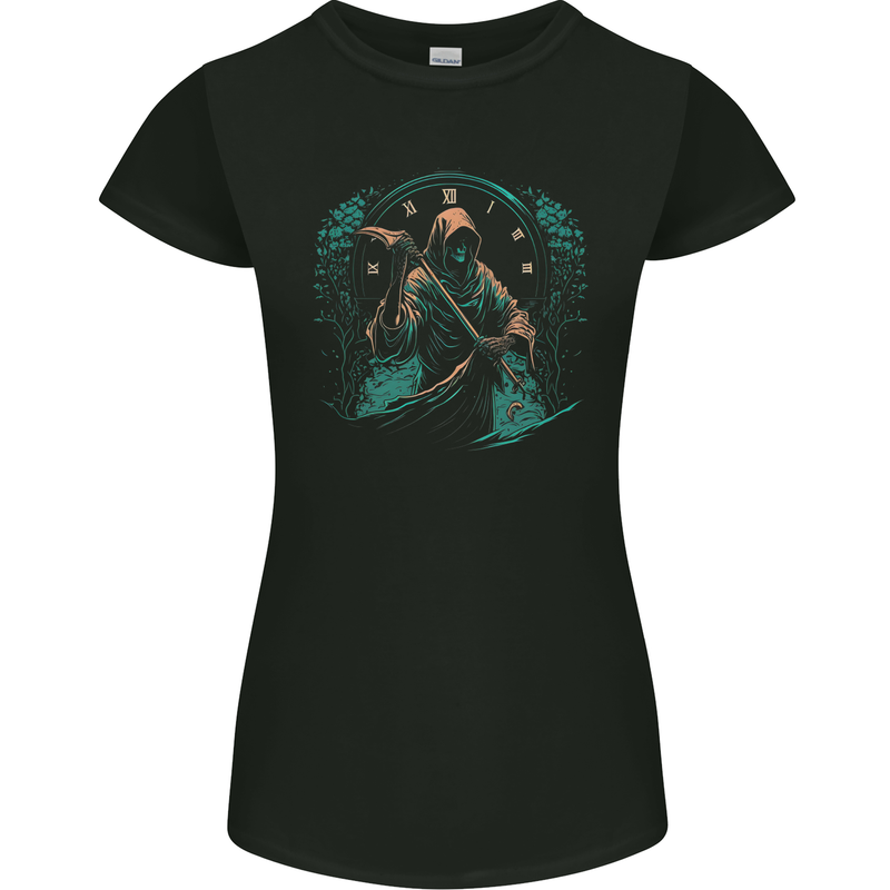 Grim Reaper Time Skull Death Gothic Womens Petite Cut T-Shirt Black