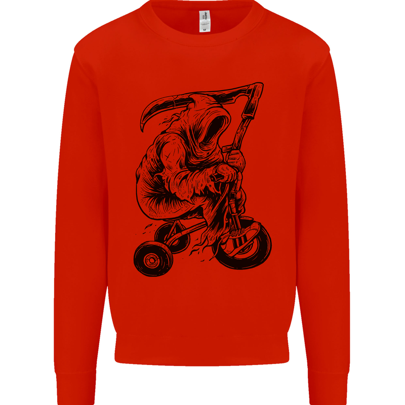 Grim Reaper Trike Bicycle Cycling Gothic Kids Sweatshirt Jumper Bright Red