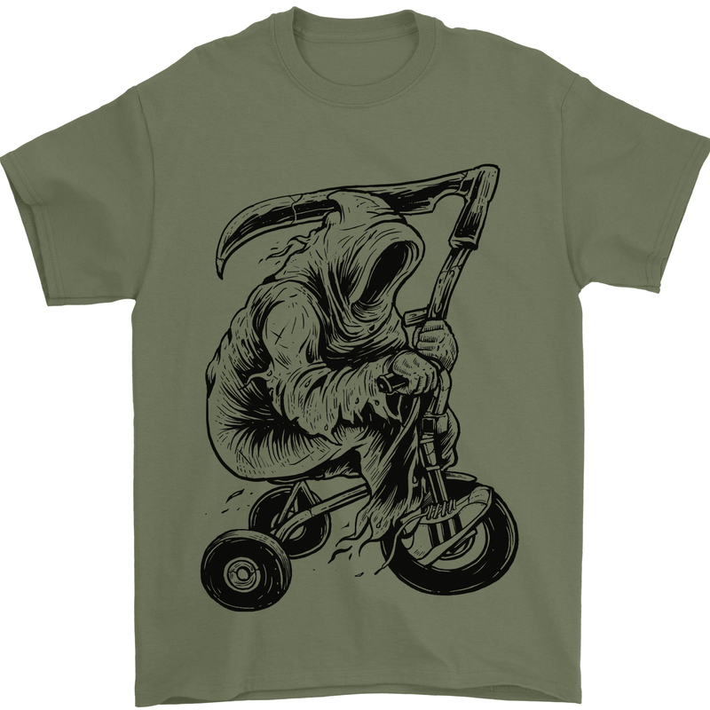 Grim Reaper Trike Bicycle Cycling Gothic Mens T-Shirt Cotton Gildan Military Green