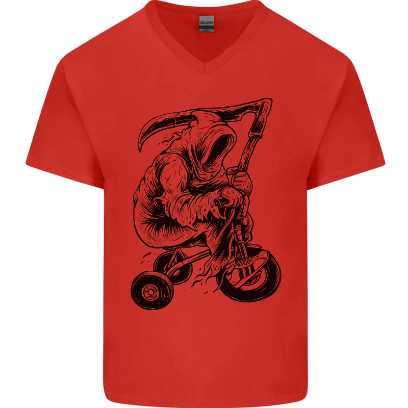 Grim Reaper Trike Bicycle Cycling Gothic Mens V-Neck Cotton T-Shirt Red