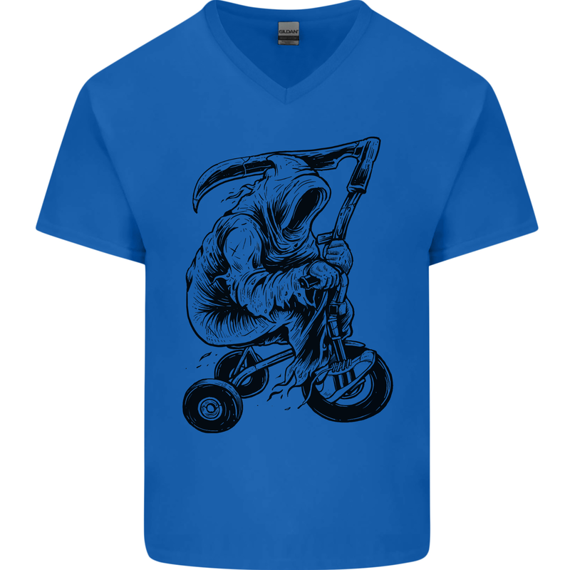 Grim Reaper Trike Bicycle Cycling Gothic Mens V-Neck Cotton T-Shirt Royal Blue