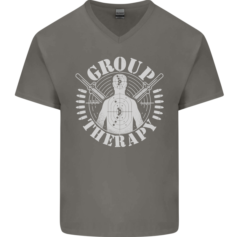 Group Therapy Shooting Hunting Rifle Funny Mens V-Neck Cotton T-Shirt Charcoal