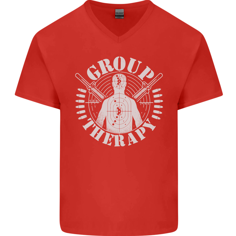 Group Therapy Shooting Hunting Rifle Funny Mens V-Neck Cotton T-Shirt Red