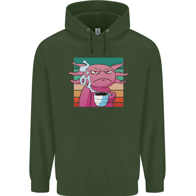 Grumpy Axolotl With Coffee Childrens Kids Hoodie Forest Green
