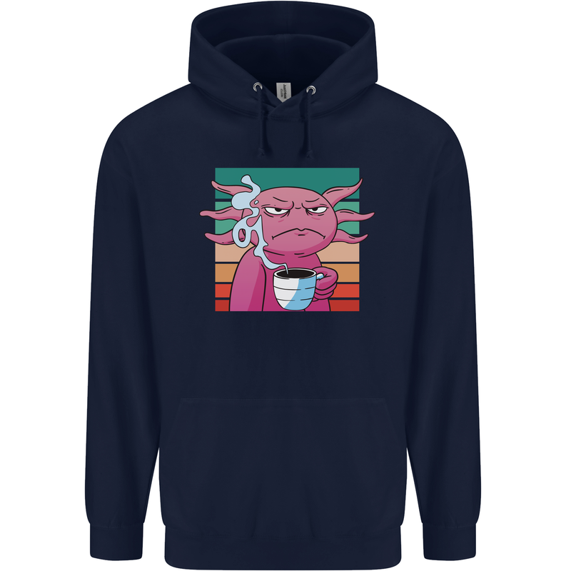 Grumpy Axolotl With Coffee Childrens Kids Hoodie Navy Blue