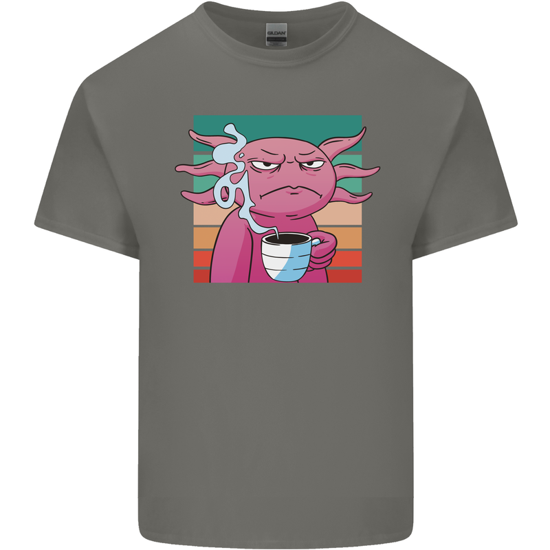 Grumpy Axolotl With Coffee Kids T-Shirt Childrens Charcoal