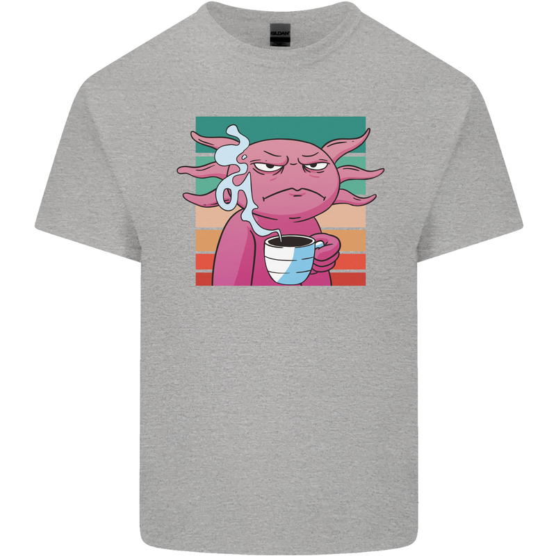 Grumpy Axolotl With Coffee Kids T-Shirt Childrens Sports Grey