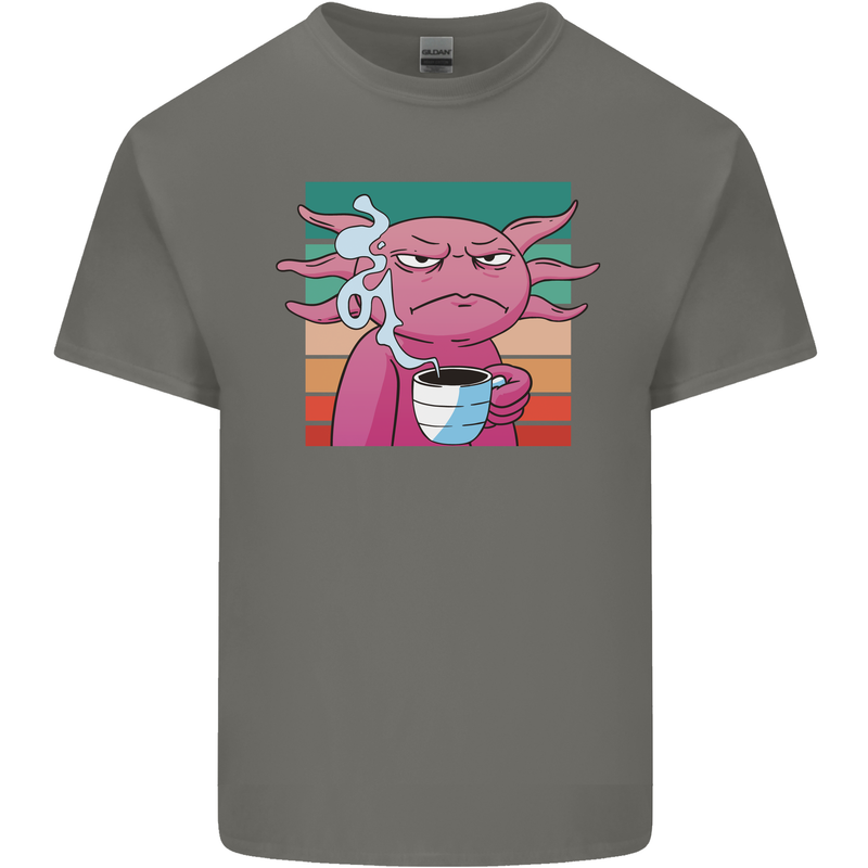 Grumpy Axolotl With Coffee Mens Cotton T-Shirt Tee Top Charcoal